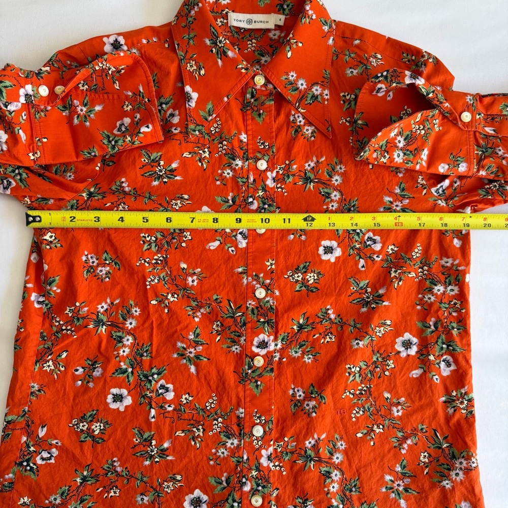 Tory Burch 100% Cotton Orange Floral Classic Oxford Button Down Shirt - Picture 16 of 17
